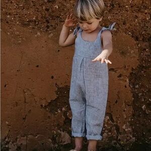 The Simple Folk Sleeveless GRETA OVERALL, FRENCH STRIPE Size 5-6y Linen